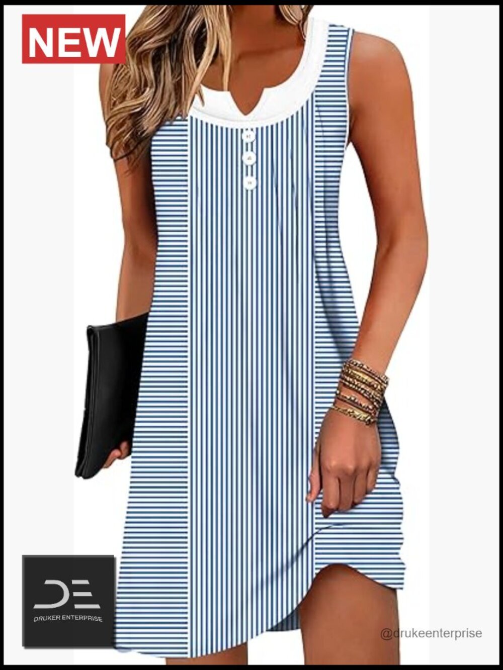 Sleeveless Tank Sundress with Pleated Bust and Decorative Buttons, A-Line
